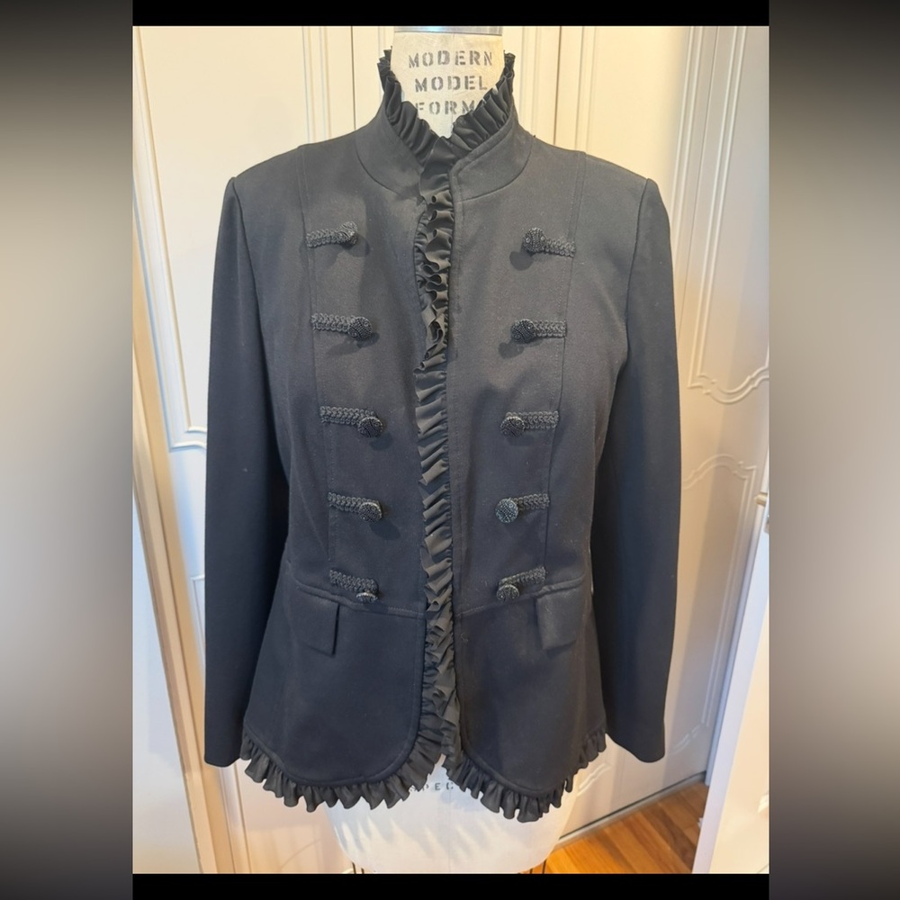 Chico's Feminine Military Style Black Ruffled Blazer